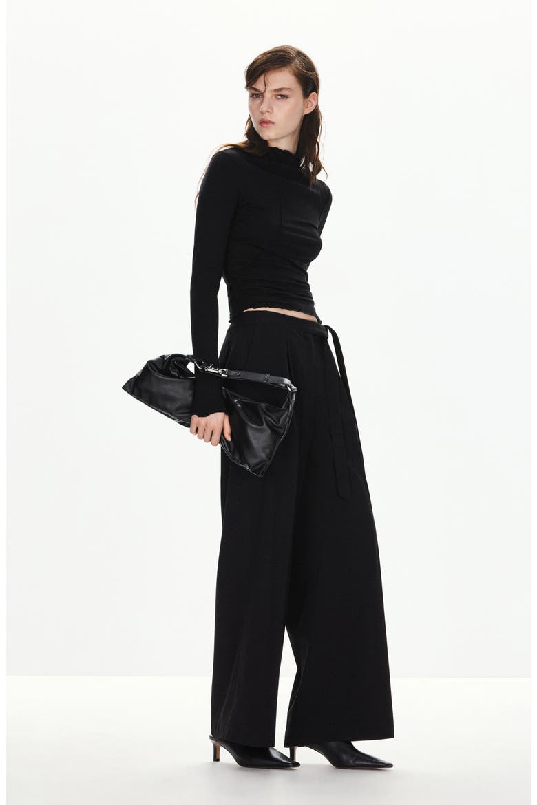 Tie Waist Pleated Wide Leg Pants, Alternate, color, BLACK