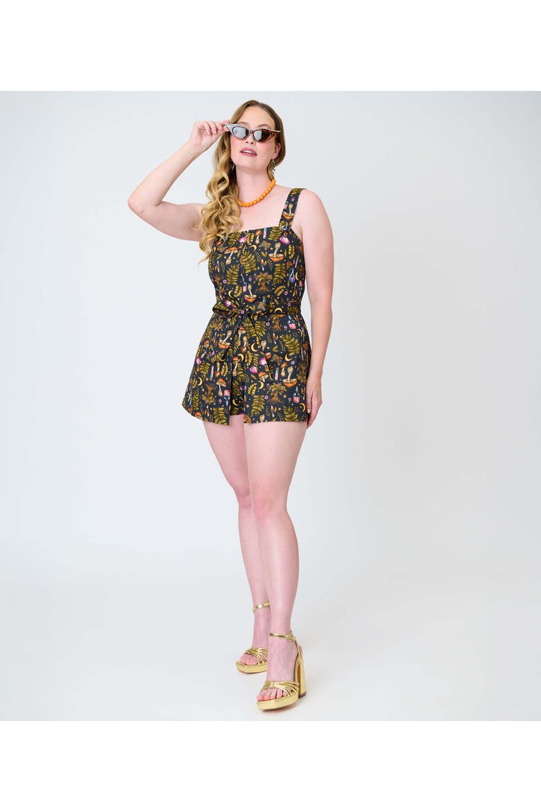1960s Sweet & Sassy Skirted Romper, Alternate, color, Black Magic Potions Print