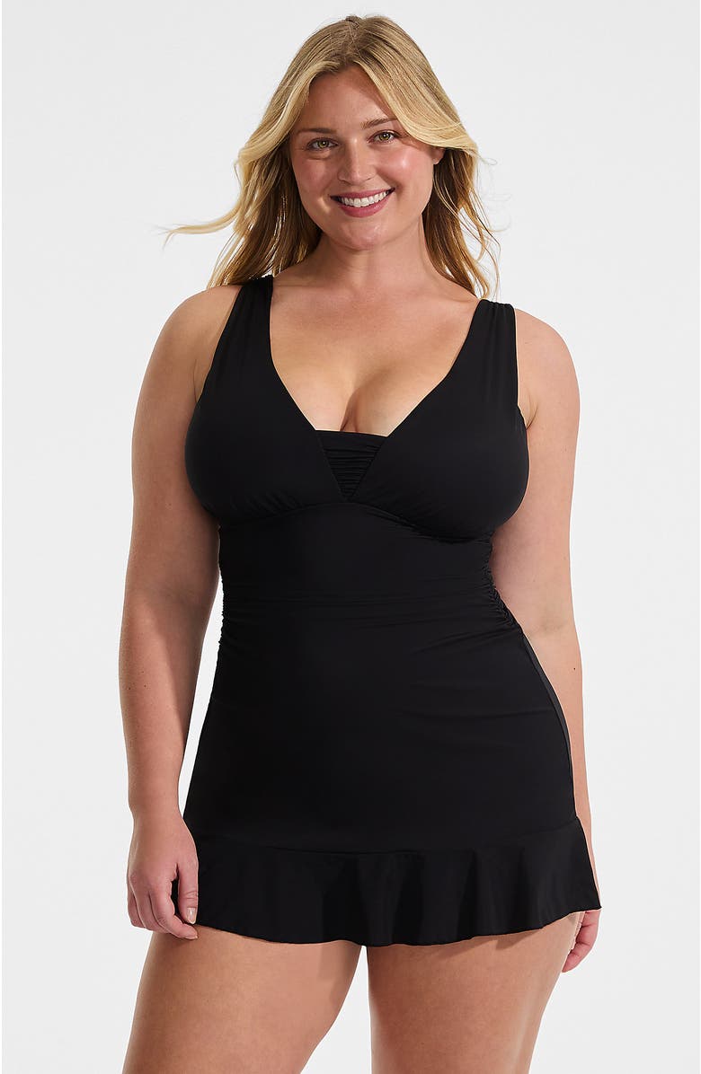 Lands' End Plus Size SlenderSuit Grecian Mini Swim Dress, Main, color, Black