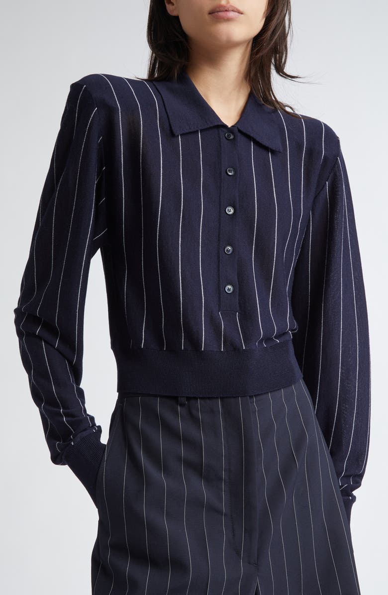 Stella McCartney Pinstripe Long Sleeve Virgin Wool Crop Polo, Alternate, color, Ink/ White