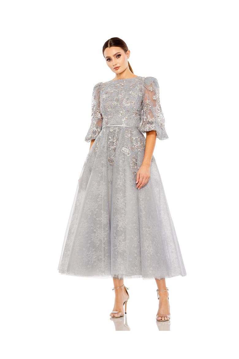 High Neck Puff Sleeve Embellished Gown, Main, color, Platinum