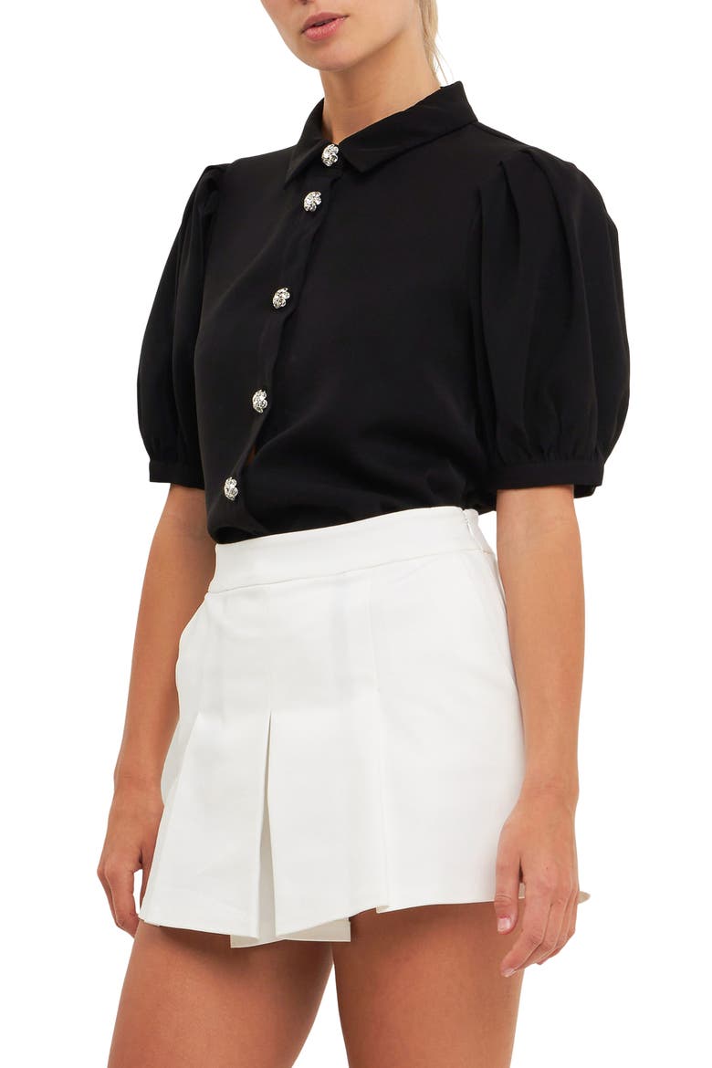 Puff Sleeve Embellished Button-Up Blouse, Alternate, color, BLACK