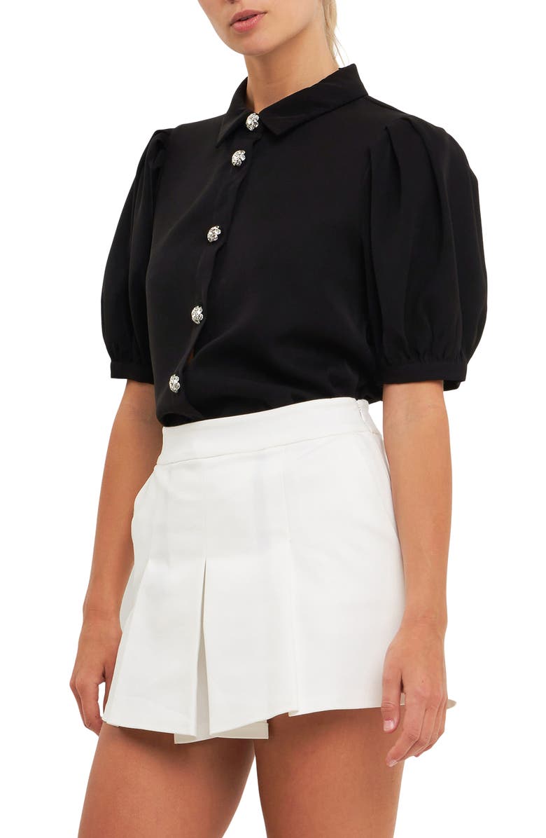 English Factory Puff Sleeve Embellished Button-Up Blouse, Alternate, color,