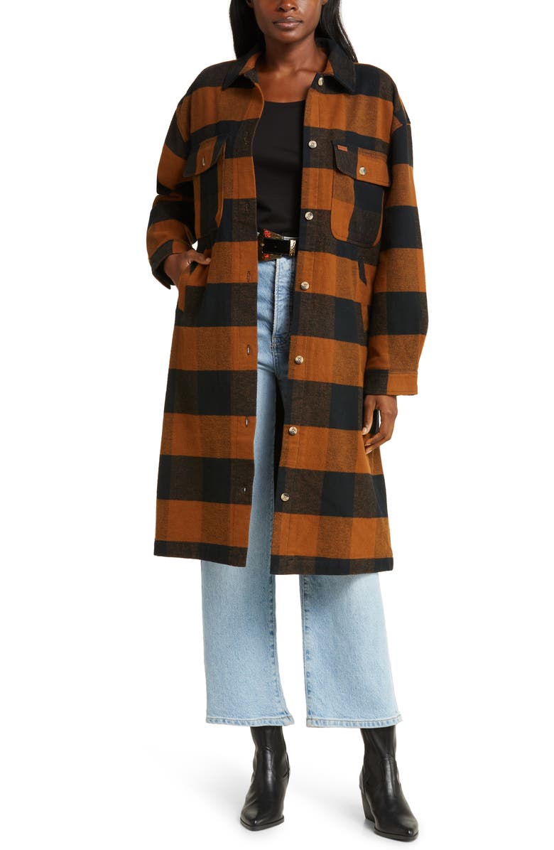 Brixton Bowery Plaid Cotton Flannel Longline Shirt Jacket, Main, color,