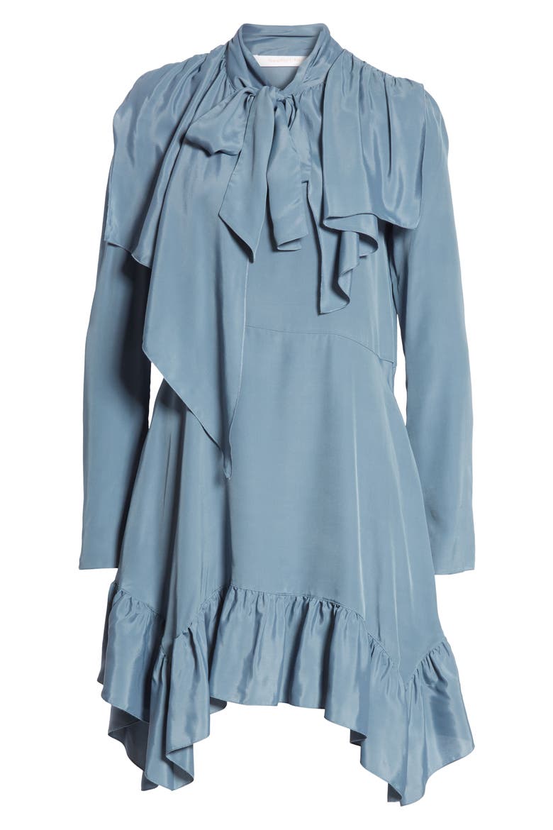 Tie Neck Ruffle Hem Dress, Alternate, color, MIRAGE BLUE