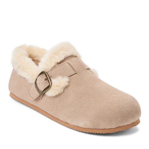 Genuine Cow Suede Buckle Closed Back Slippers