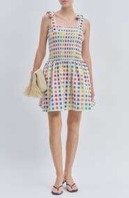 MAUDE CLUB Estella Multicolor Dot Smocked Tie Shoulder Dress