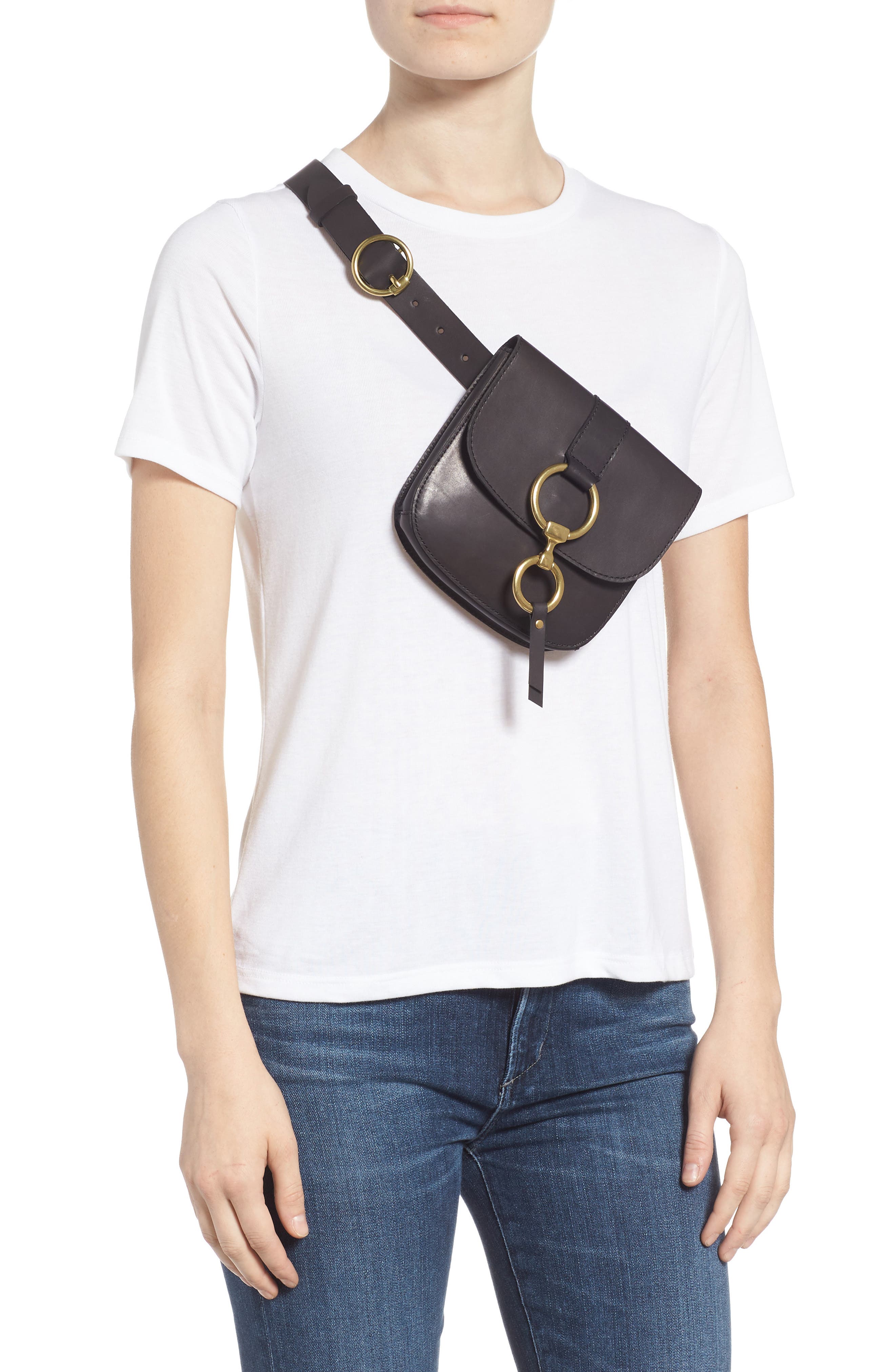Leather Belt Bag, Alternate, color, BLACK/ ECRU STITCH