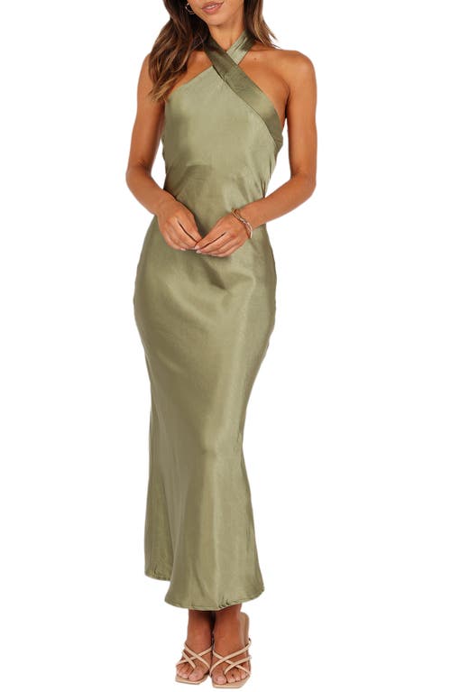 Petal & Pup Grasie Stretch Satin Halter Dress in Olive at Nordstrom, Size 12