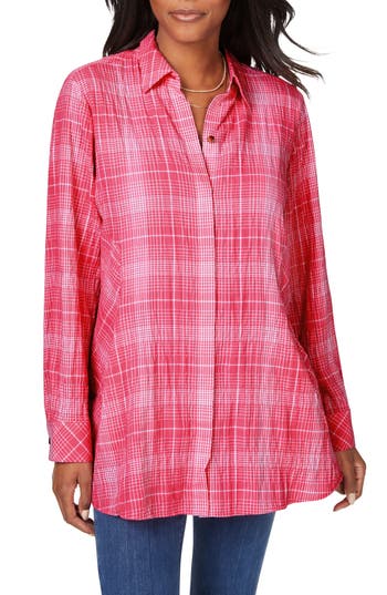 Foxcroft Cici Plaid Non-iron Button-up Tunic Shirt In Pure Pink