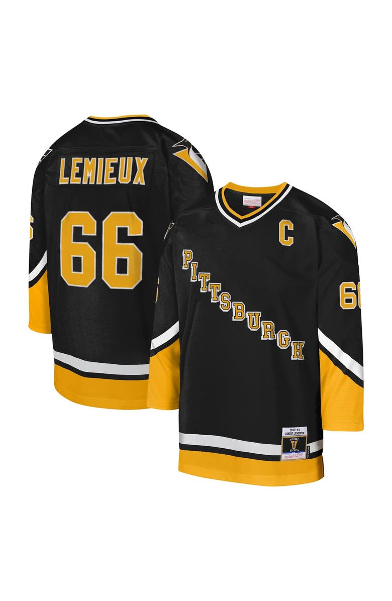 Mitchell & Ness Youth Mitchell & Ness Mario Lemieux Black Pittsburgh Penguins 1992-93 Blue Line Captain Patch Player Jersey, Main, color, 