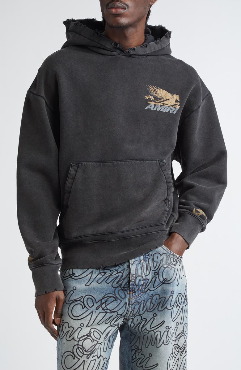 AMIRI Pegasus Distressed Cotton Graphic Hoodie, Main, color, Black