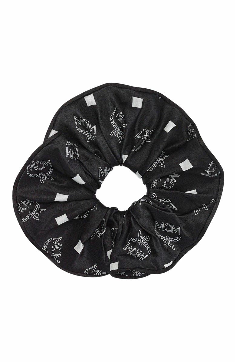 MCM Monogram Print Silk Scrunchie, Main, color, Black