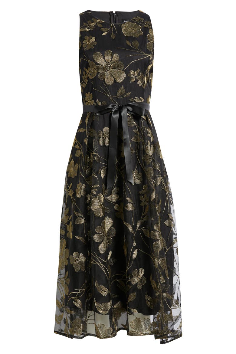 Belted Metallic Floral Embroidered Fit & Flare Midi Dress, Alternate, color, BLACK GOLD