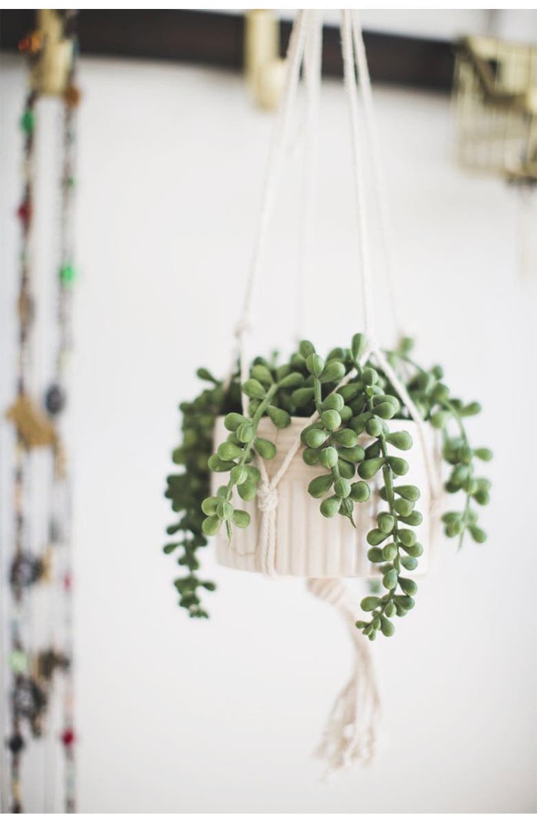 FLORA BUNDA White Faux Macramé Hanging Ceramic Planter, Alternate, color, 