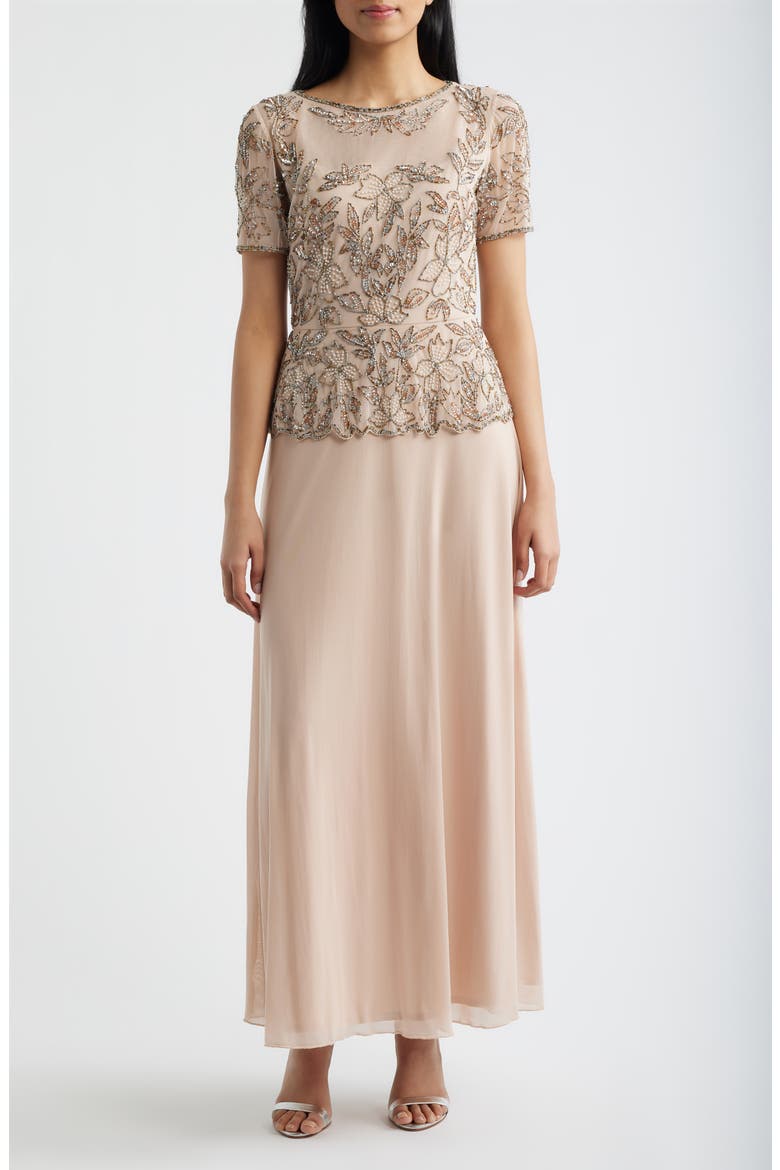 Short Sleeve Beaded Chiffon Gown, Main, color, BLUSH