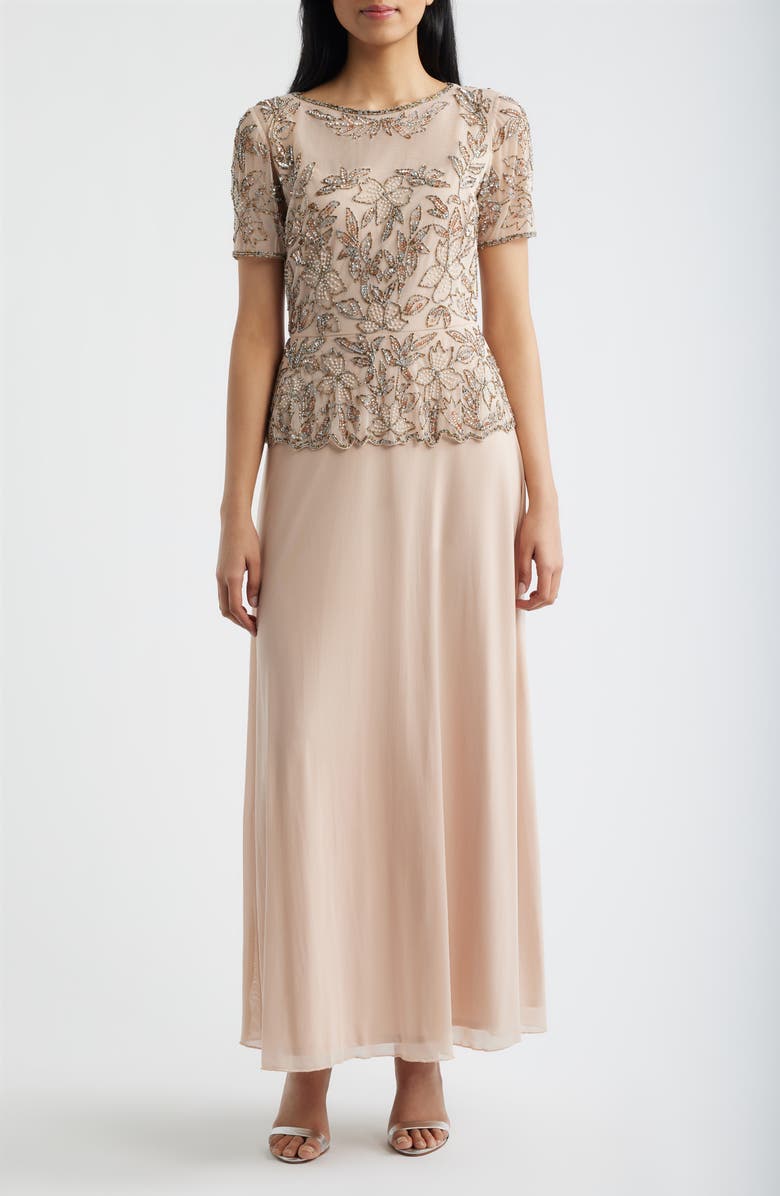 Pisarro Nights Short Sleeve Beaded Chiffon Gown, Main, color, Blush