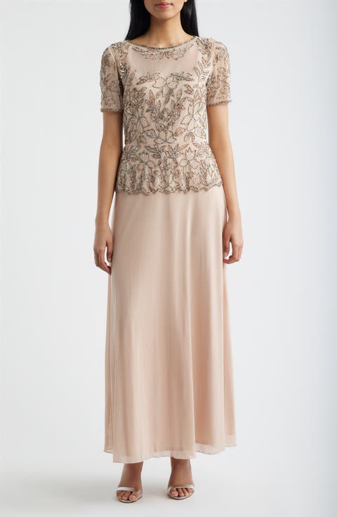 Short Sleeve Beaded Chiffon Gown