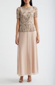 Pisarro Nights Short Sleeve Beaded Chiffon Gown