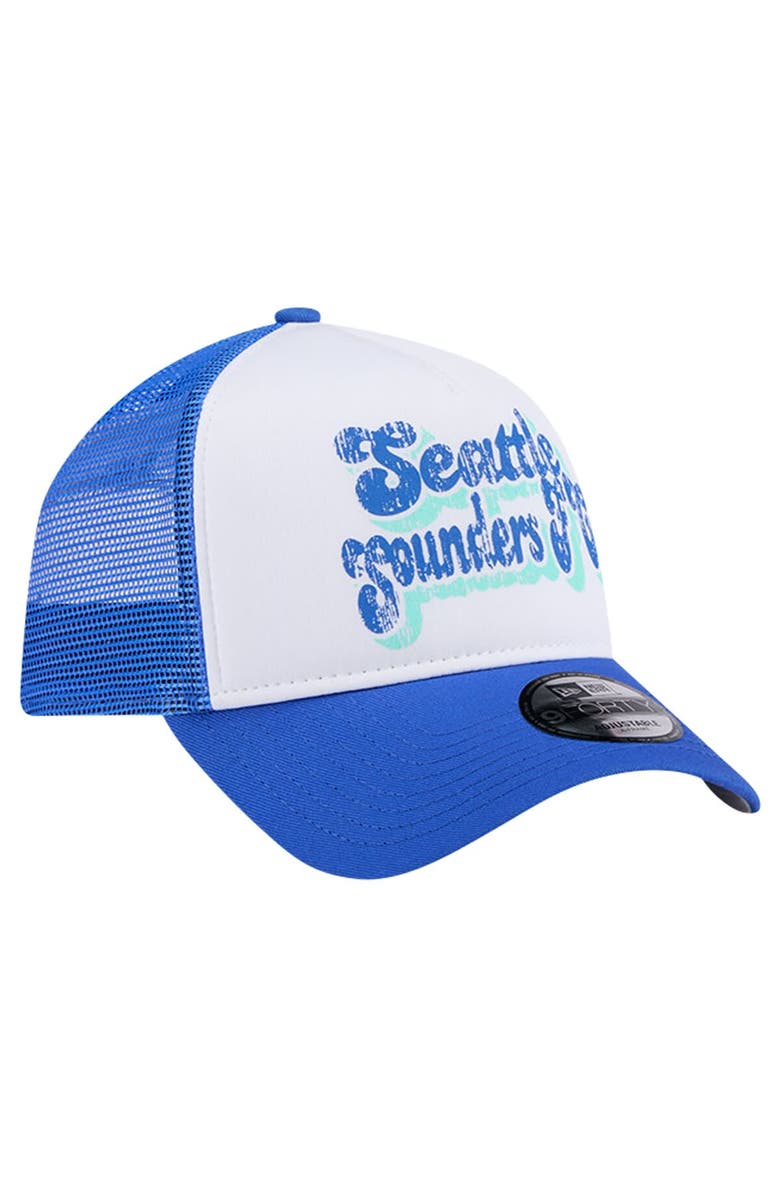 New Era Women's New Era White/Blue Seattle Sounders FC Throwback A-Frame Trucker 9FORTY Snapback Hat, Alternate, color, 