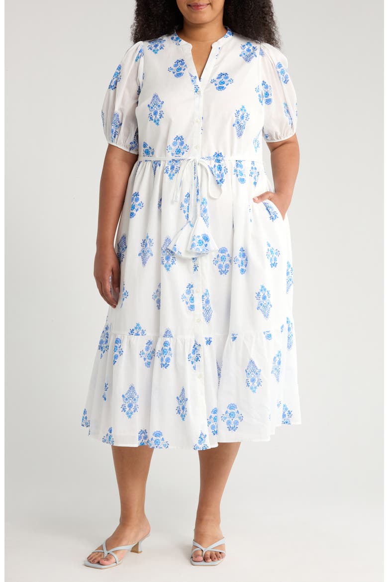 Yila Floral Beth Tiered Cotton Midi Dress, Main, color, WHITE/ BLUES