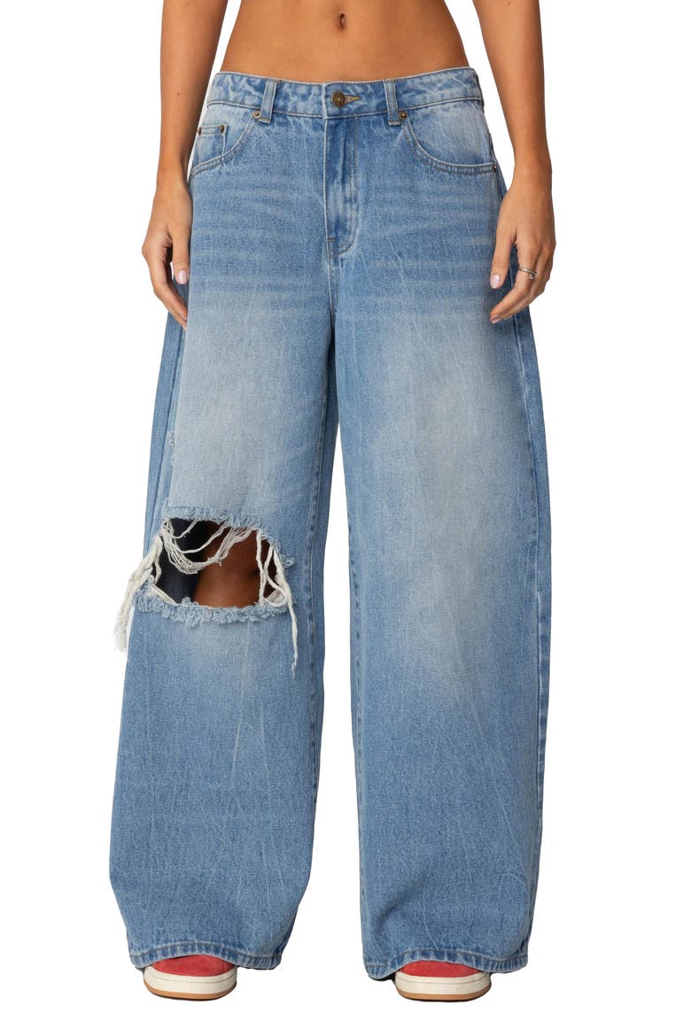 Ripped Low Rise Baggy Wide Leg Jeans, Main, color, BLUE-WASHED