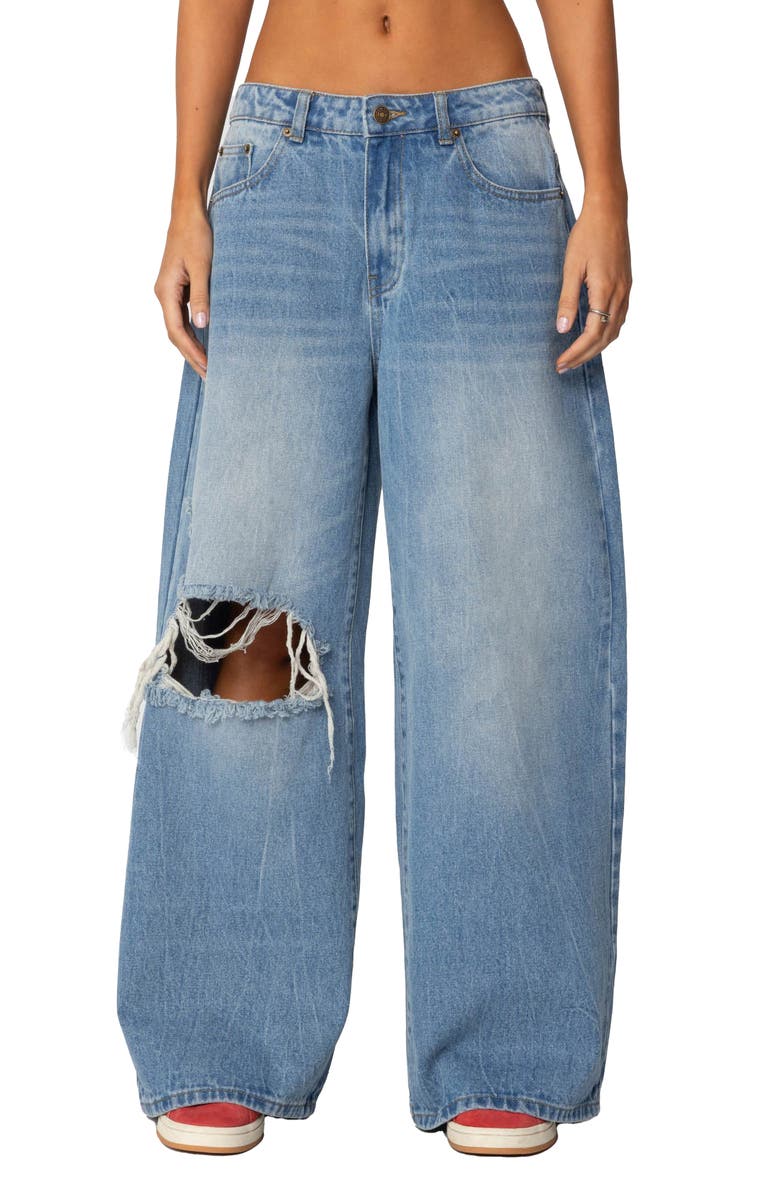 EDIKTED Ripped Low Rise Baggy Wide Leg Jeans, Main, color, Blue-Washed