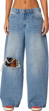 EDIKTED Ripped Low Rise Baggy Wide Leg Jeans