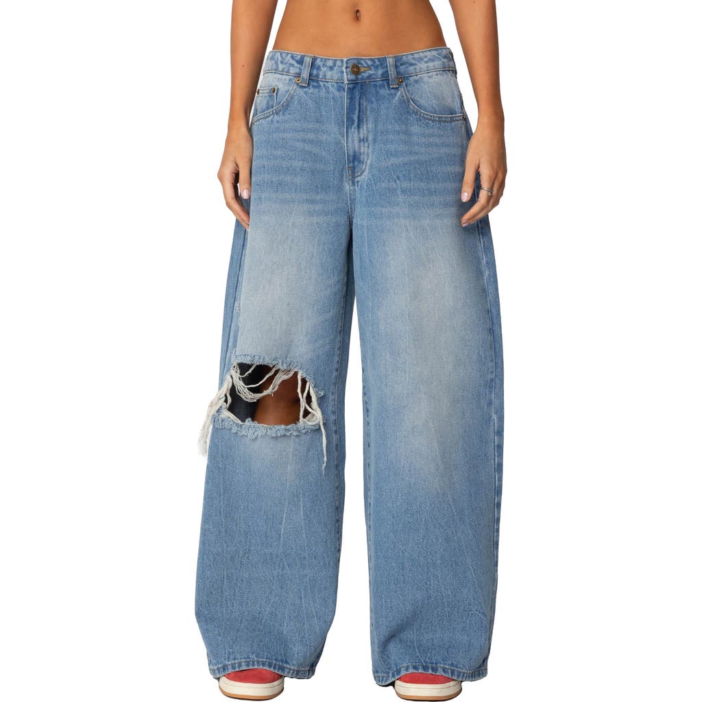 Edikted Ripped Low Rise Baggy Wide Leg Jeans In Blue-washed