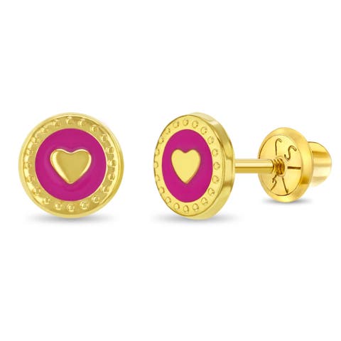 14k Round Pink Heart Earrings