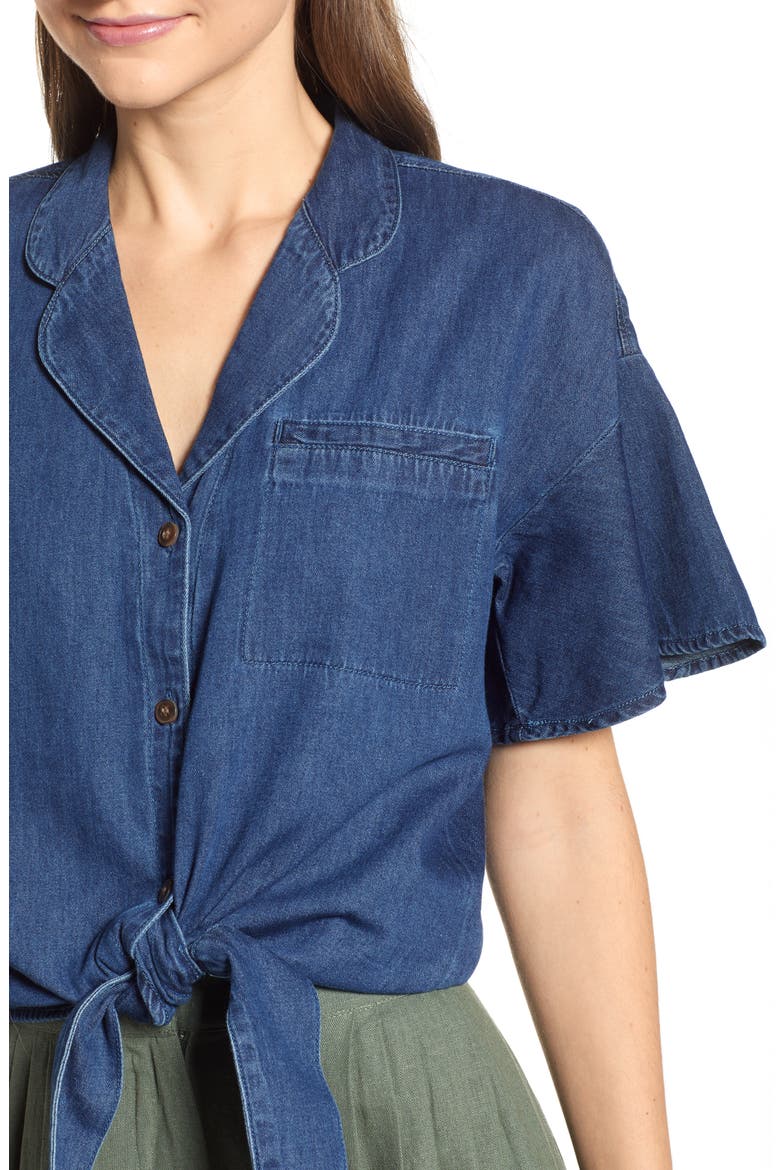 Flavia Flounce Sleeve Chambray Shirt, Alternate, color, MEDIUM BLUE DENIM