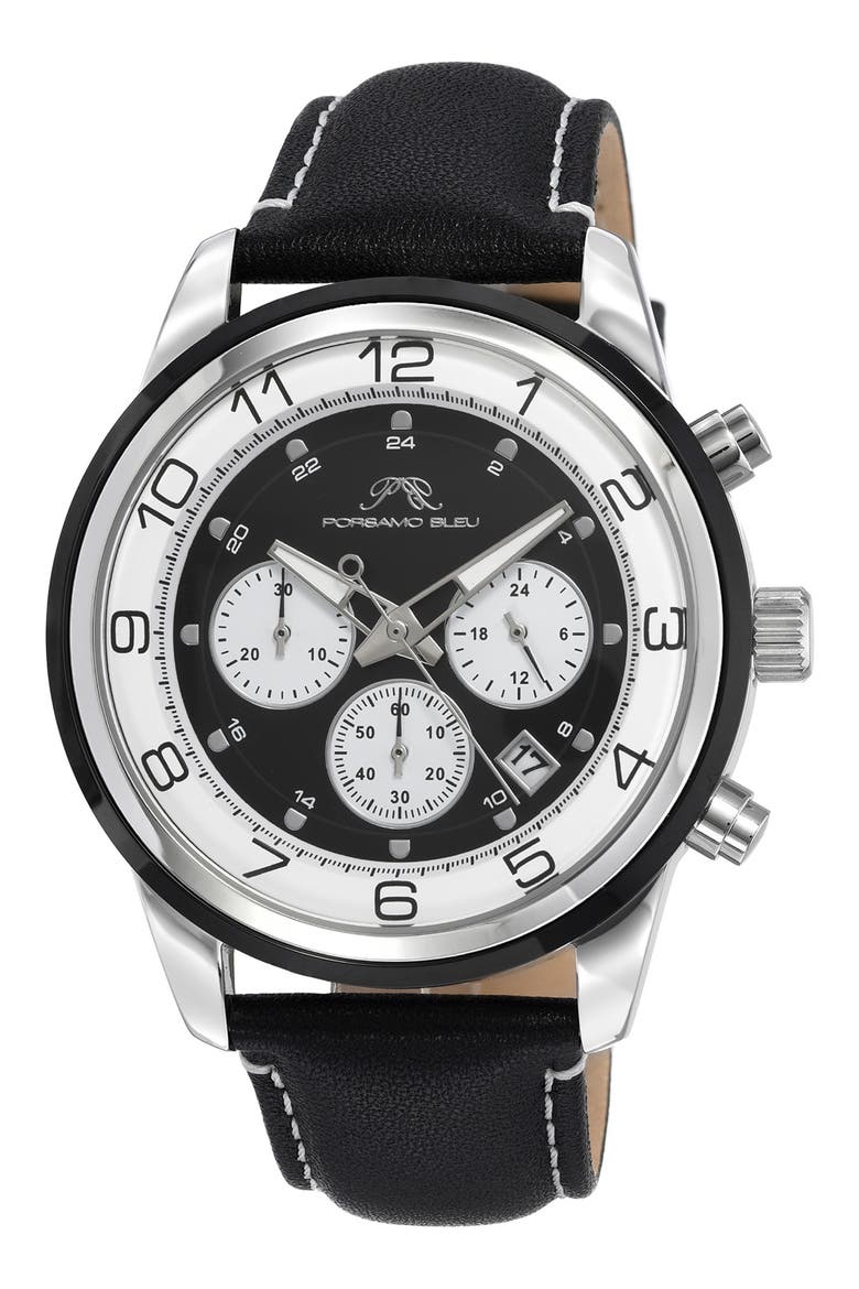 Men's Arthur Chronograph Leather Strap Watch, 44mm, Main, color, SILVER/BLACK