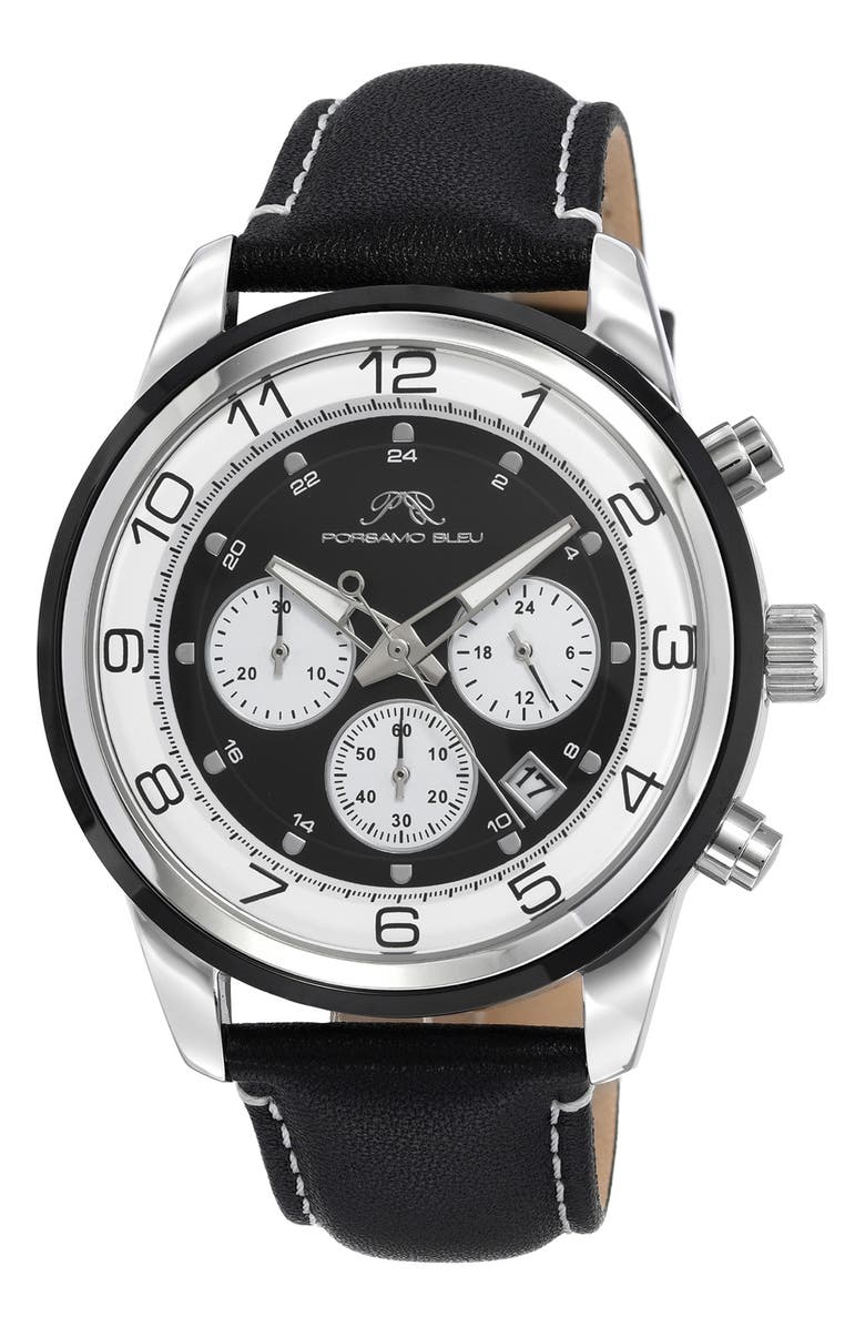 PORSAMO BLEU Men's Arthur Chronograph Leather Strap Watch, 44mm, Main, color, Silver/Black
