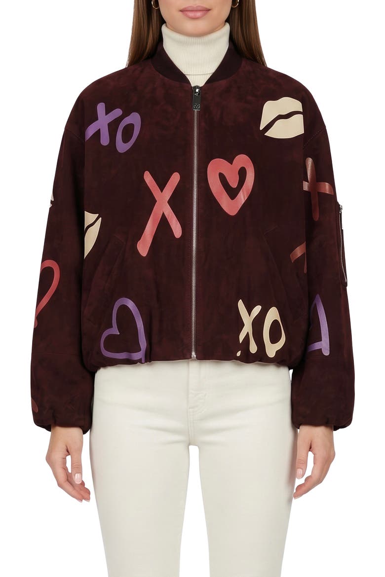Genuine Metis Suede Bomber Zip Jacket, Main, color, BURGUNDY/XO MULTI