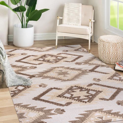 Jonathan Y Sumak High-low Pile Neutral Diamond Kilim Indoor/outdoor Area Rug In Brown/ivory
