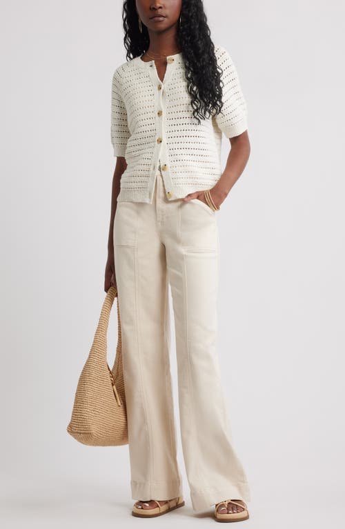 Treasure & Bond Open Stitch Short Sleeve Cotton Cardigan In White