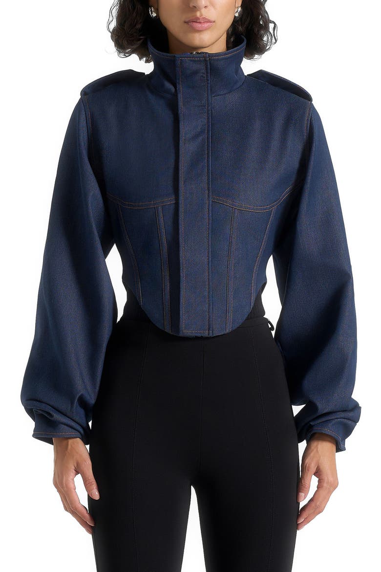 Solange Denim Tacked Sleeve Corset Jacket, Main, color, Polished Indigo