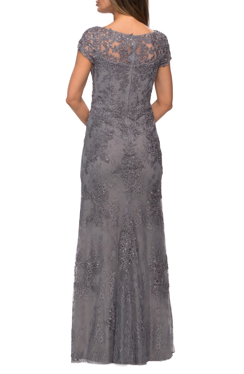 La Femme Sequin Floral Lace Cap Sleeve Sheath Gown, Alternate, color,