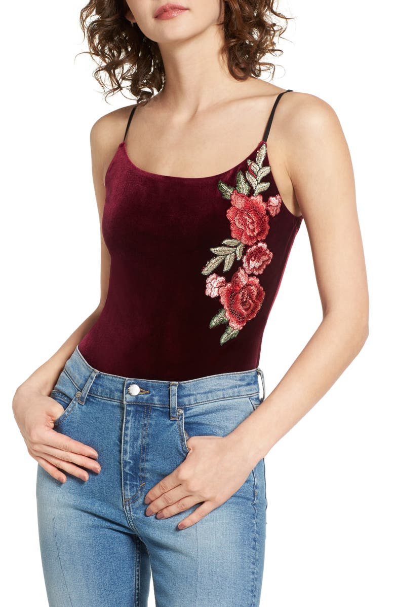 Socialite Embroidered Velvet Bodysuit, Main, color,