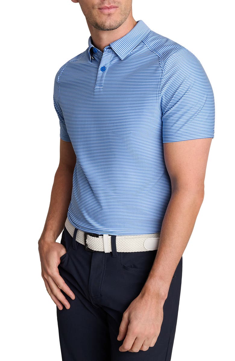 Rhone Commuter Slim Fit Performance Polo, Main, color, Bright Sapphire Double Stripe