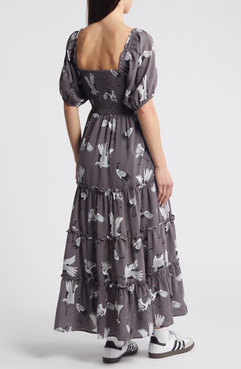 Dressed in Lala Crane Print Smocked Dress, Alternate, color, Grey Crane