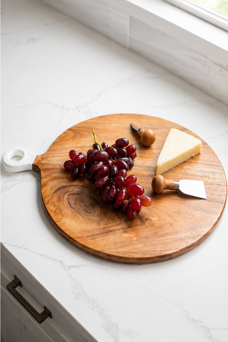 Wood + White Collection Acacia Wood Round Charcuterie Board, Large, Main, color, white, brown