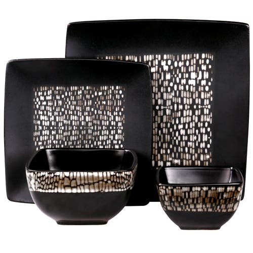 Elama Naina 16 Piece Double Bowl Stoneware Dinnerware Set In Black