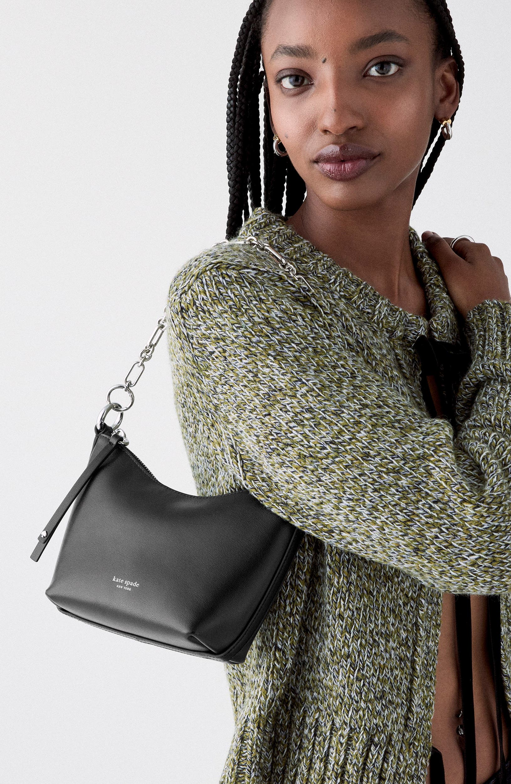 mini halo smooth leather chain shoulder bag, Alternate, color, BLACK
