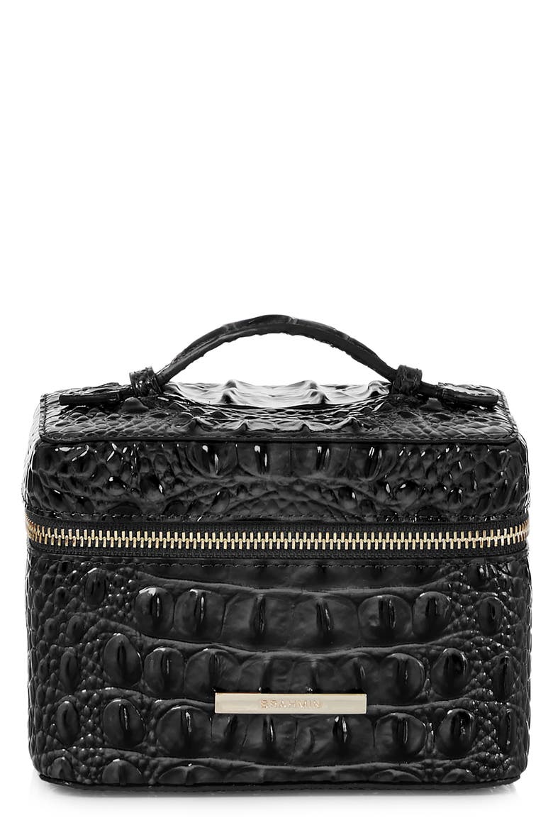 Small Charmaine Croc Embossed Leather Train Case, Main, color, BLACK