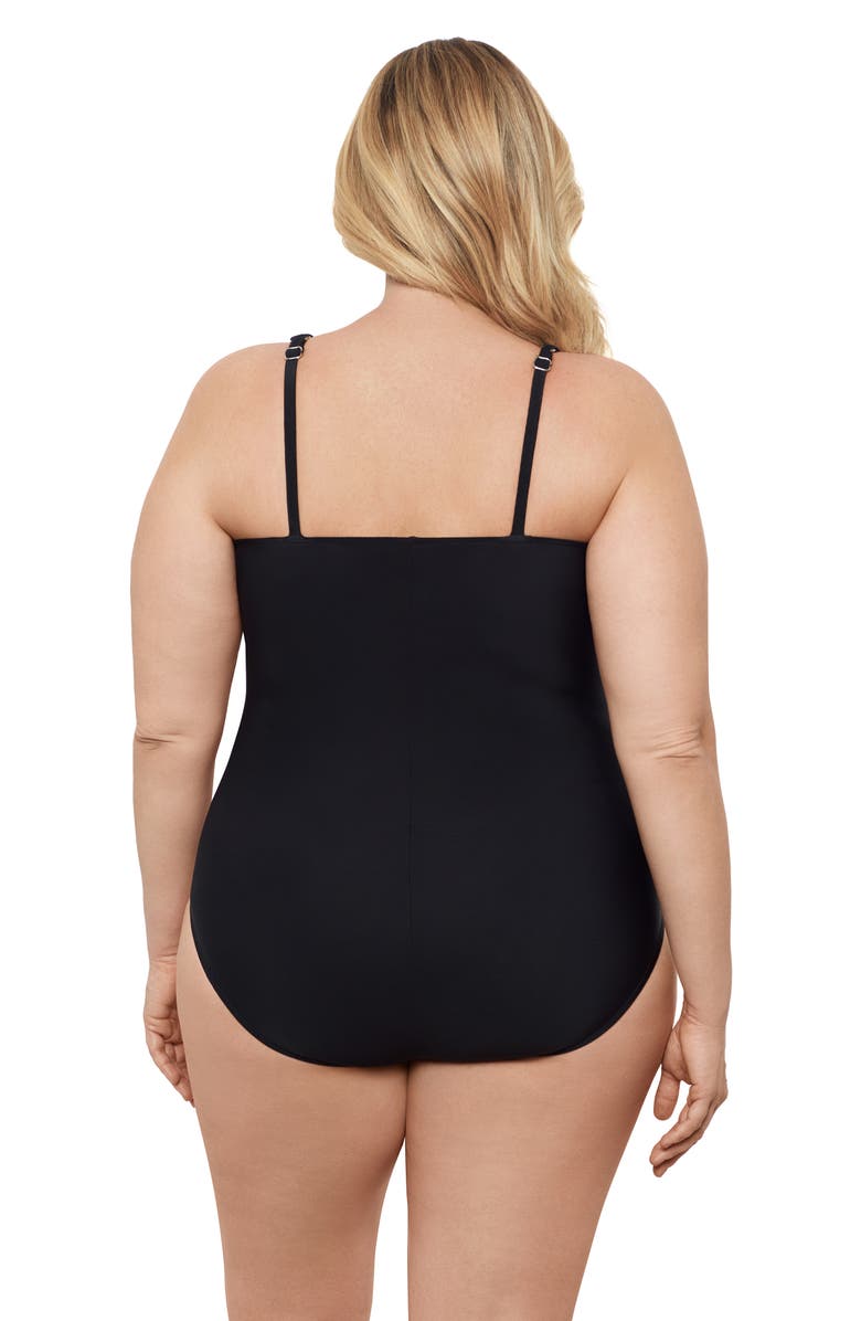 Aqua Green Plus Size V-Neck Surplice Trim Overlay Full Coverage One-Piece Swimsuit, Alternate, color, Black