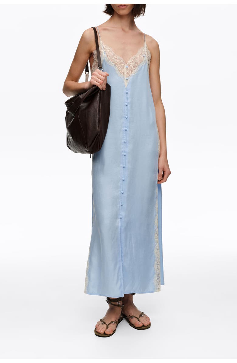 Bimba y Lola Light Slip Dress With Contrast Lace Trim, Alternate, color, Light Blue