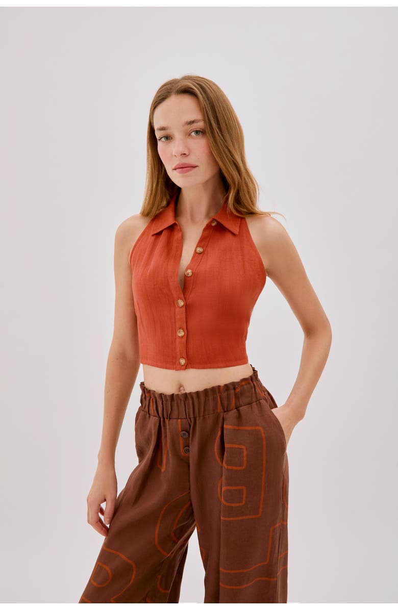 Labeca London Leah Linen Collared Crop Top, Alternate, color, Orange