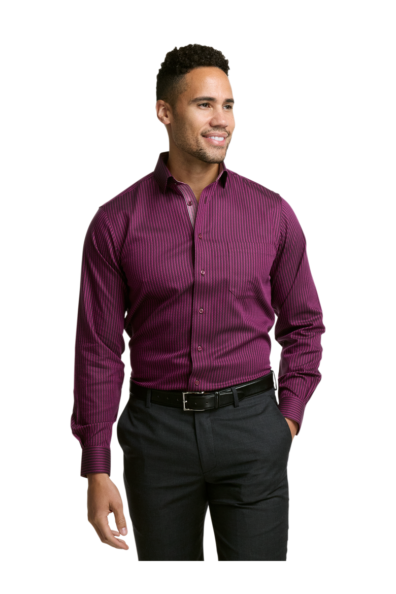Cotton Spandex Spread Collar Twill Classic Contrast Trim Button Cuff Long Sleeve, Alternate, color, Burgundy