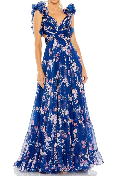 Ruffle Tiered Floral Cut-Out Chiffon Gown